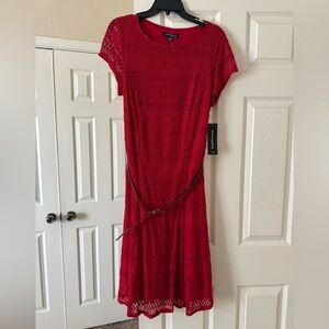 Sharagano Red Midi Sundress with Bateau Neckline